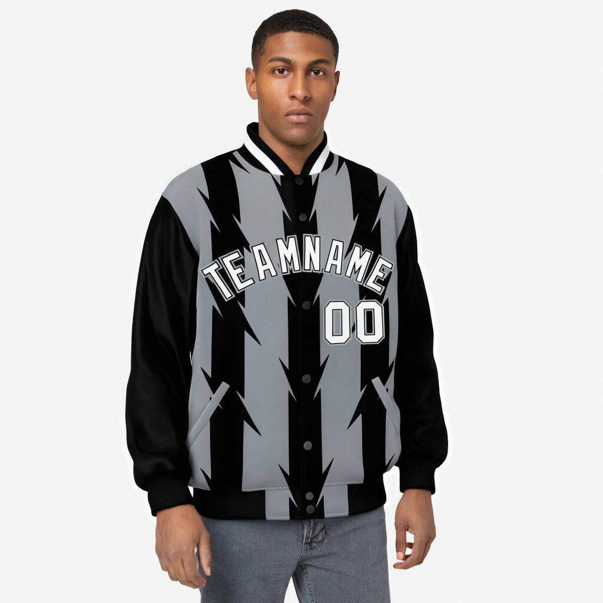 Custom Gray Black-White Blade Graffiti Pattern Varsity Full-Snap Jacket