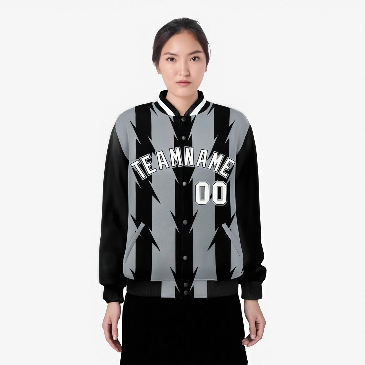 Custom Gray Black-White Blade Graffiti Pattern Varsity Full-Snap Jacket