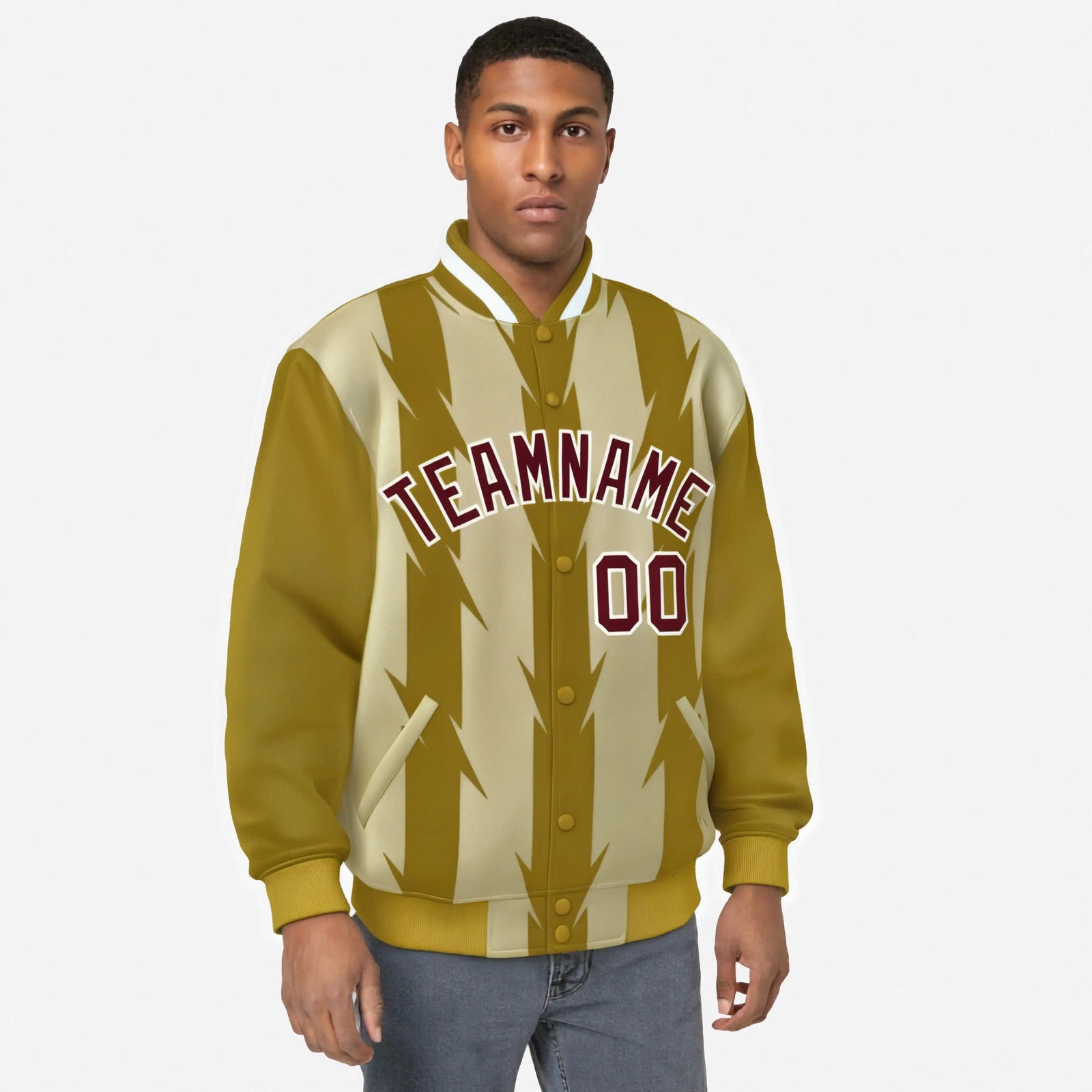 Custom Old Gold Khaki-Crimson Blade Graffiti Pattern Varsity Full-Snap Jacket