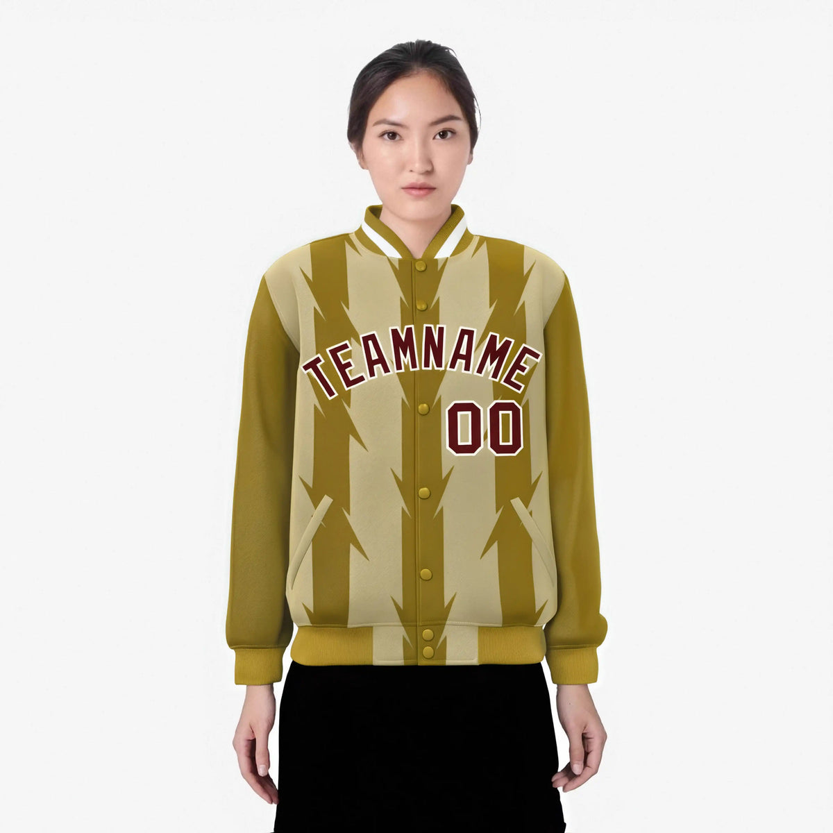 Custom Old Gold Khaki-Crimson Blade Graffiti Pattern Varsity Full-Snap Jacket