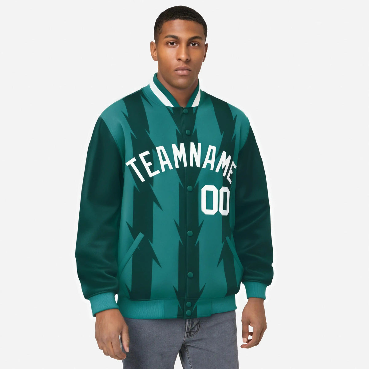 Custom Green Aqua-White Blade Graffiti Pattern Varsity Full-Snap Jacket