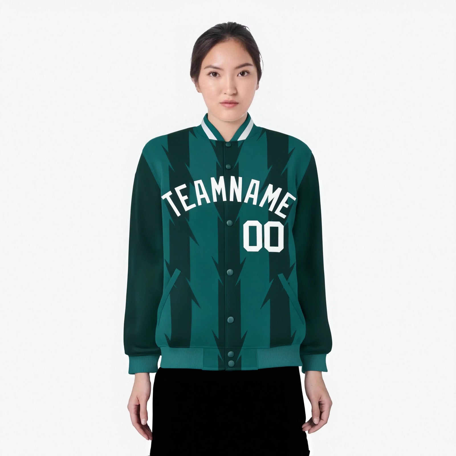 Custom Green Aqua-White Blade Graffiti Pattern Varsity Full-Snap Jacket