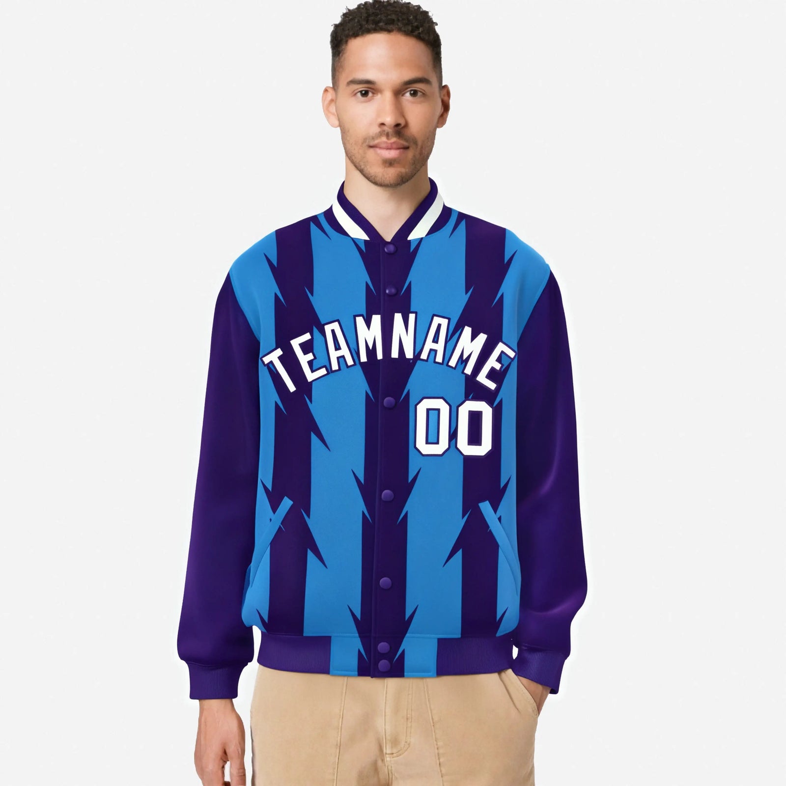 Custom Powder Blue Purple-White Blade Graffiti Pattern Varsity Full-Snap Jacket