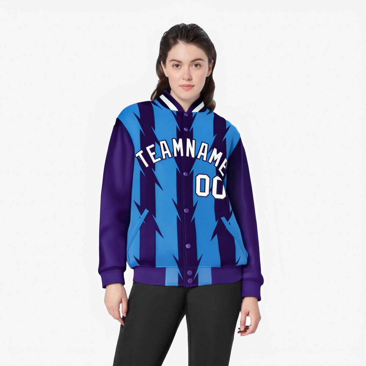 Custom Powder Blue Purple-White Blade Graffiti Pattern Varsity Full-Snap Jacket