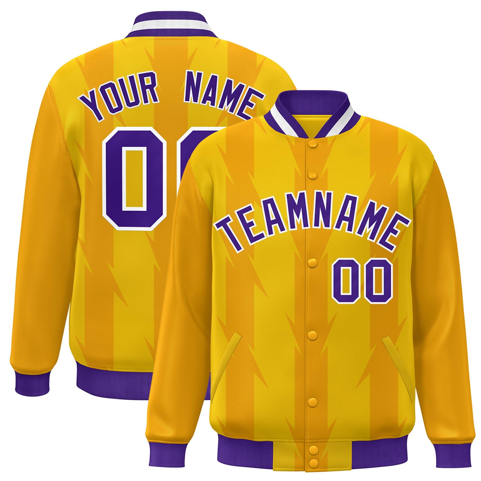 Custom Gold Yellow Purple-White Blade Graffiti Pattern Varsity Full-Snap Jacket