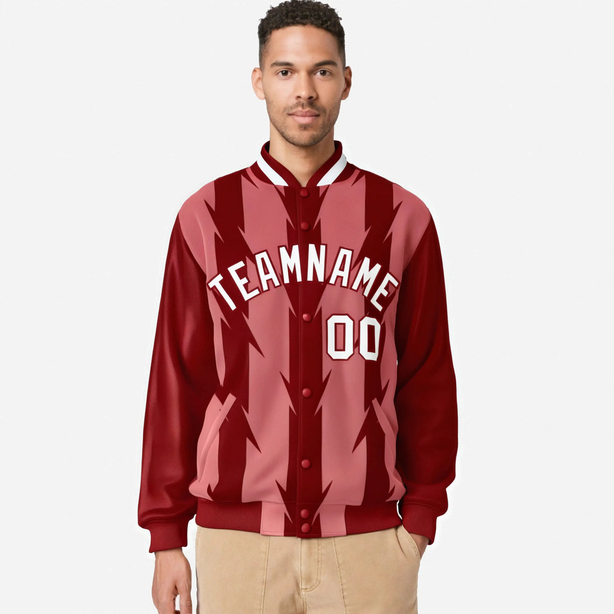 Custom Light Red Red-White Blade Graffiti Pattern Varsity Full-Snap Jacket