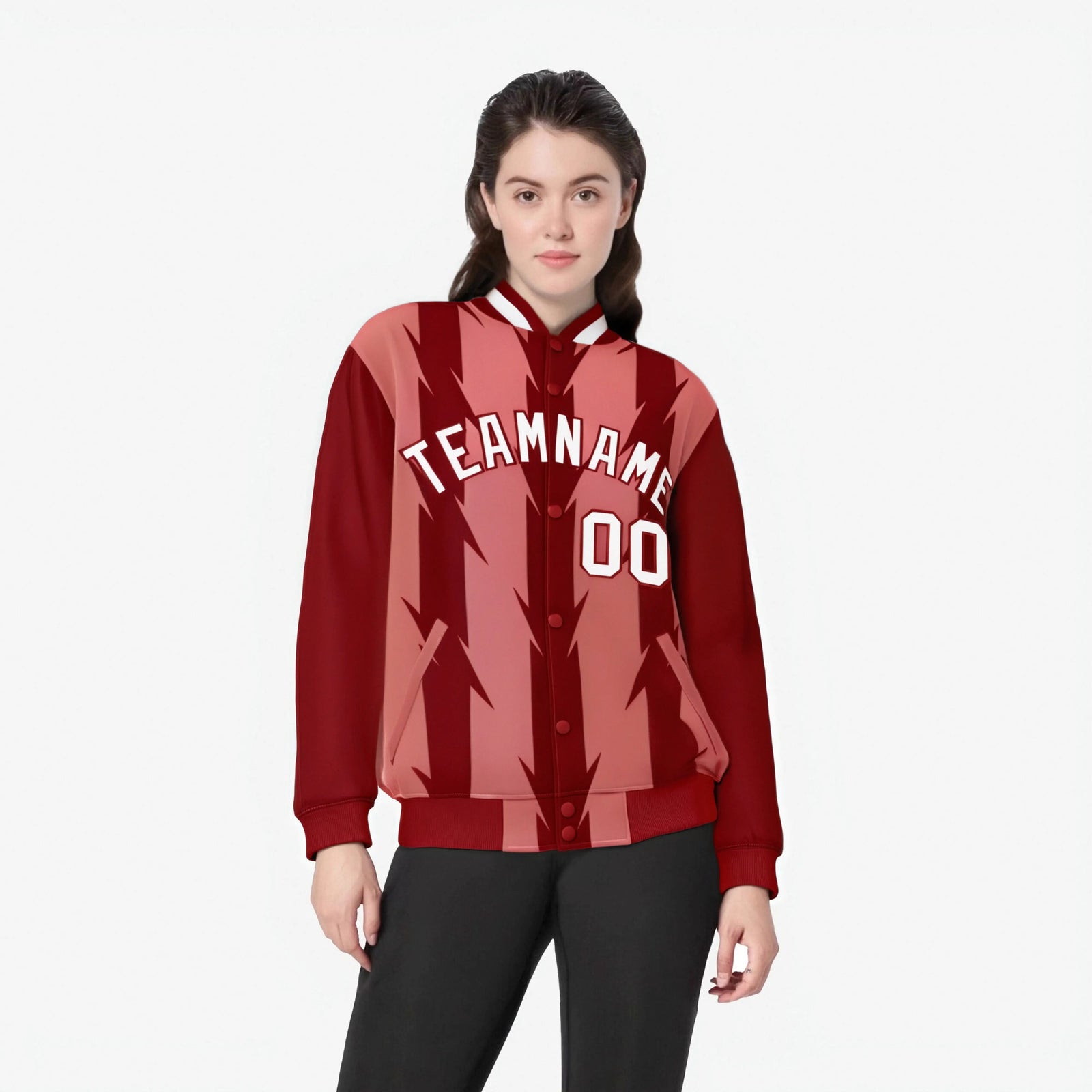 Custom Light Red Red-White Blade Graffiti Pattern Varsity Full-Snap Jacket