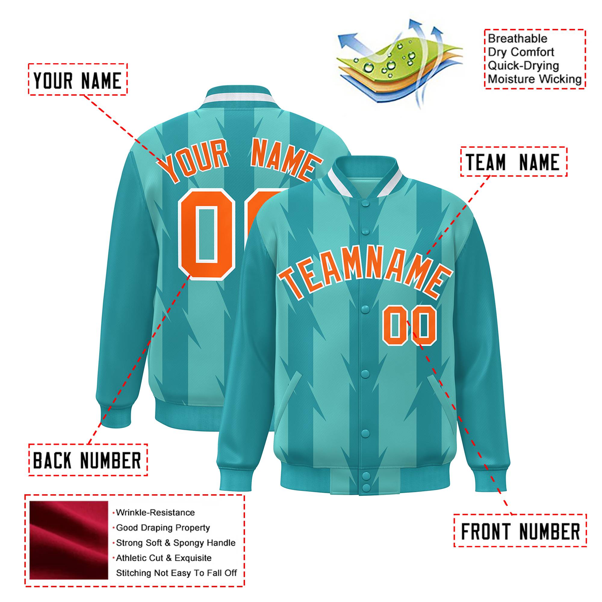 Custom Teal Aqua Orange-White Blade Graffiti Pattern Varsity Full-Snap Jacket