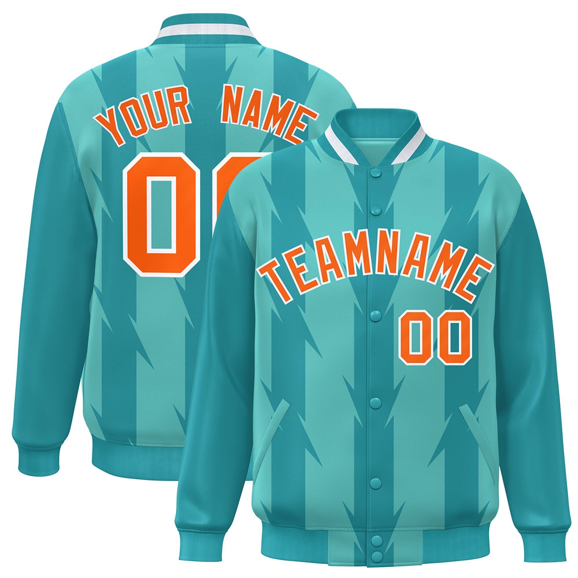 Custom Teal Aqua Orange-White Blade Graffiti Pattern Varsity Full-Snap Jacket