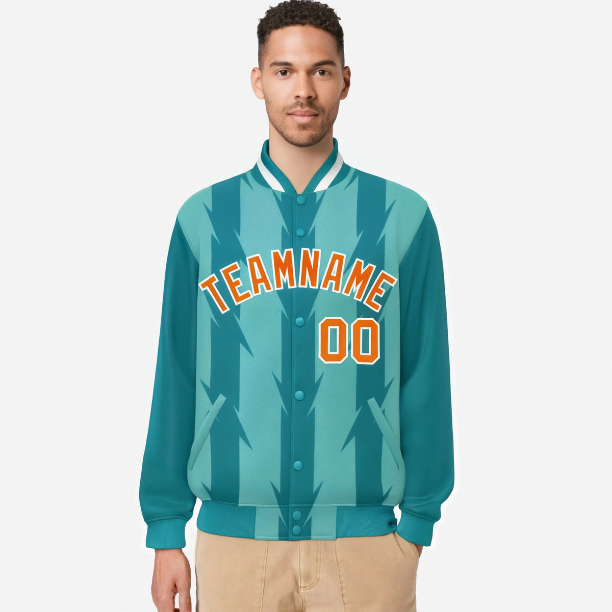 Custom Teal Aqua Orange-White Blade Graffiti Pattern Varsity Full-Snap Jacket