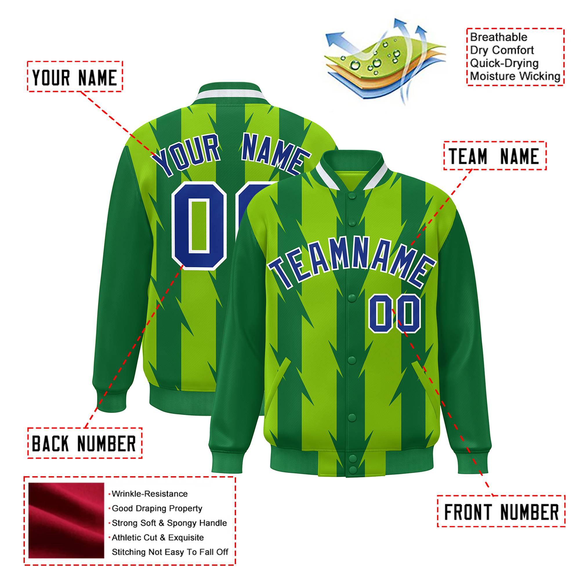 Custom Neon Green Kelly Green Royal Blue-White Blade Graffiti Pattern Varsity Full-Snap Jacket