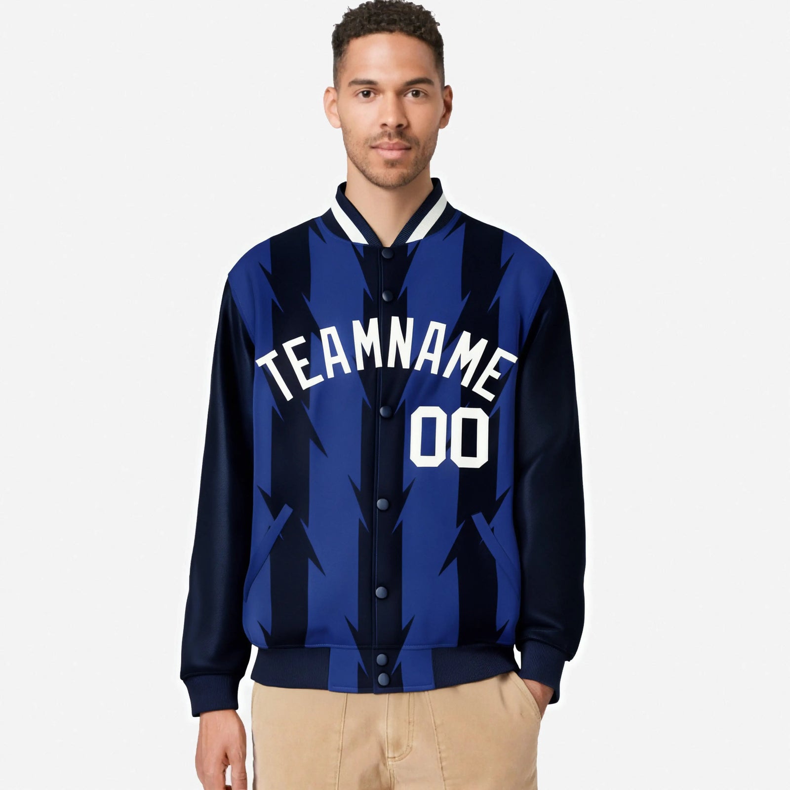 Custom Royal Blue Navy-White Blade Graffiti Pattern Varsity Full-Snap Jacket