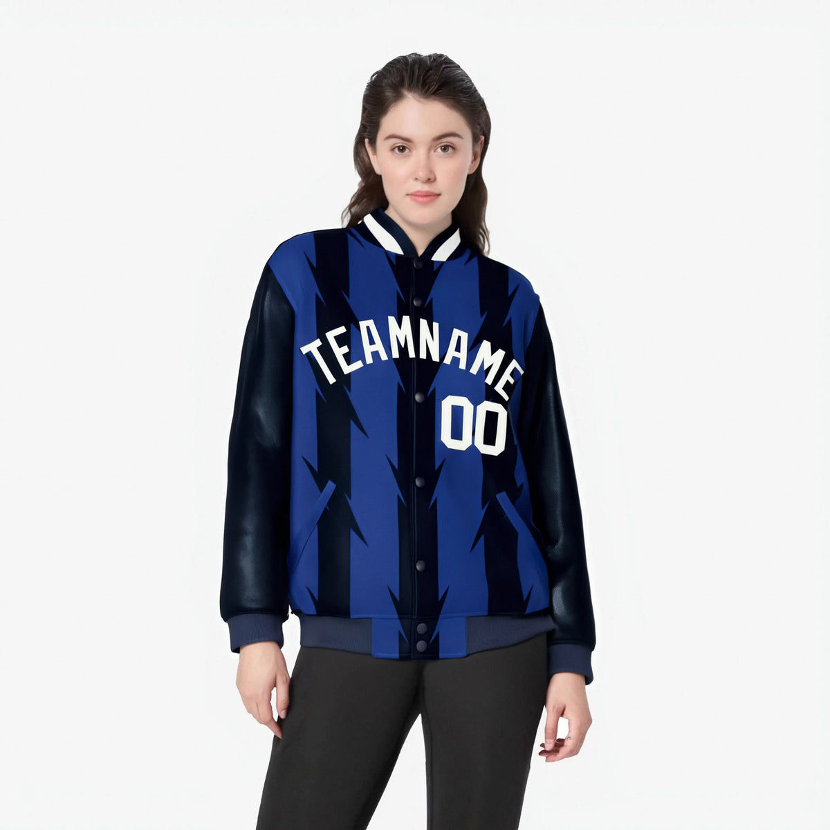 Custom Royal Blue Navy-White Blade Graffiti Pattern Varsity Full-Snap Jacket