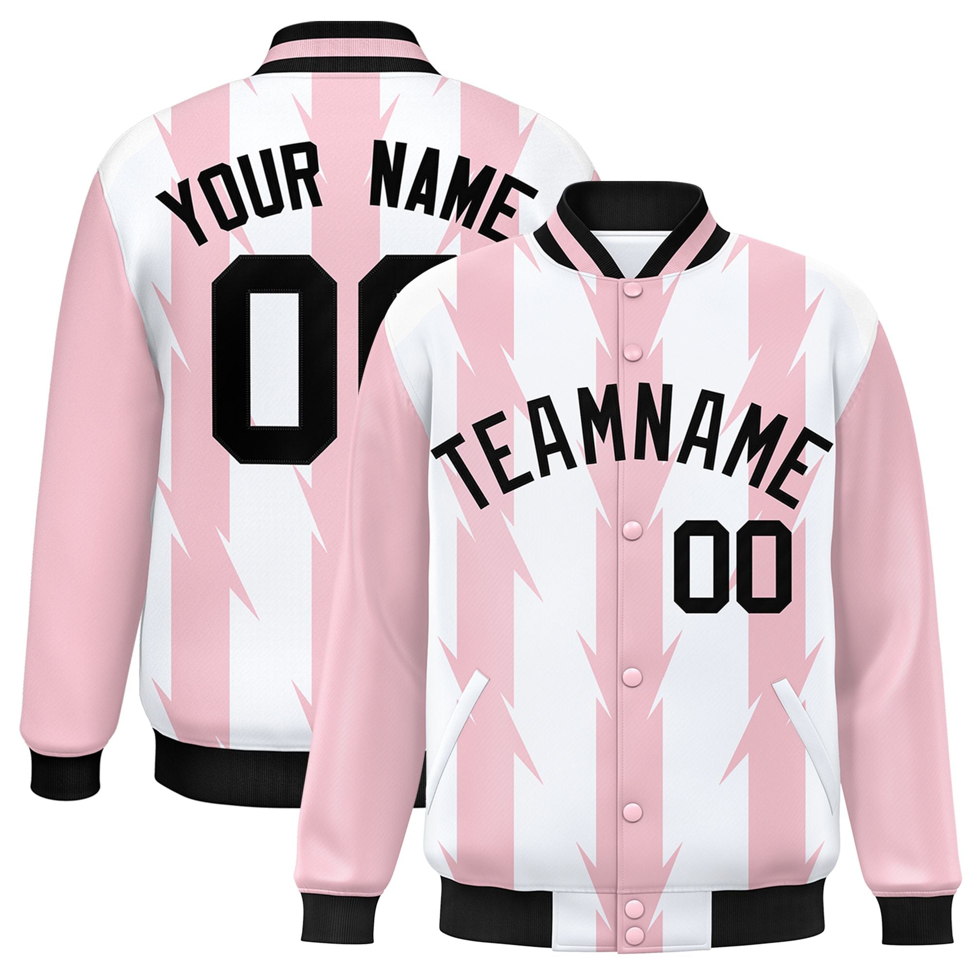 Custom White Light Pink-Black Blade Graffiti Pattern Varsity Full-Snap Jacket