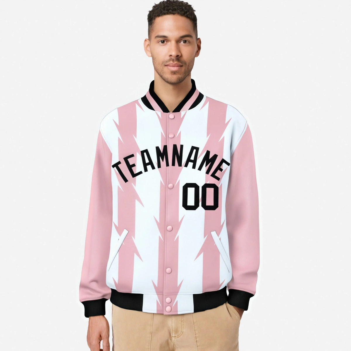 Custom White Light Pink-Black Blade Graffiti Pattern Varsity Full-Snap Jacket