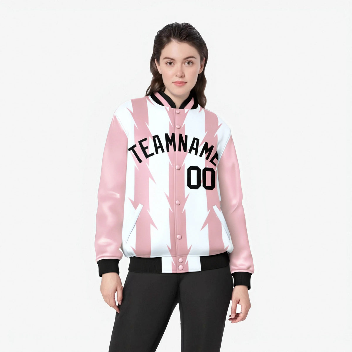 Custom White Light Pink-Black Blade Graffiti Pattern Varsity Full-Snap Jacket