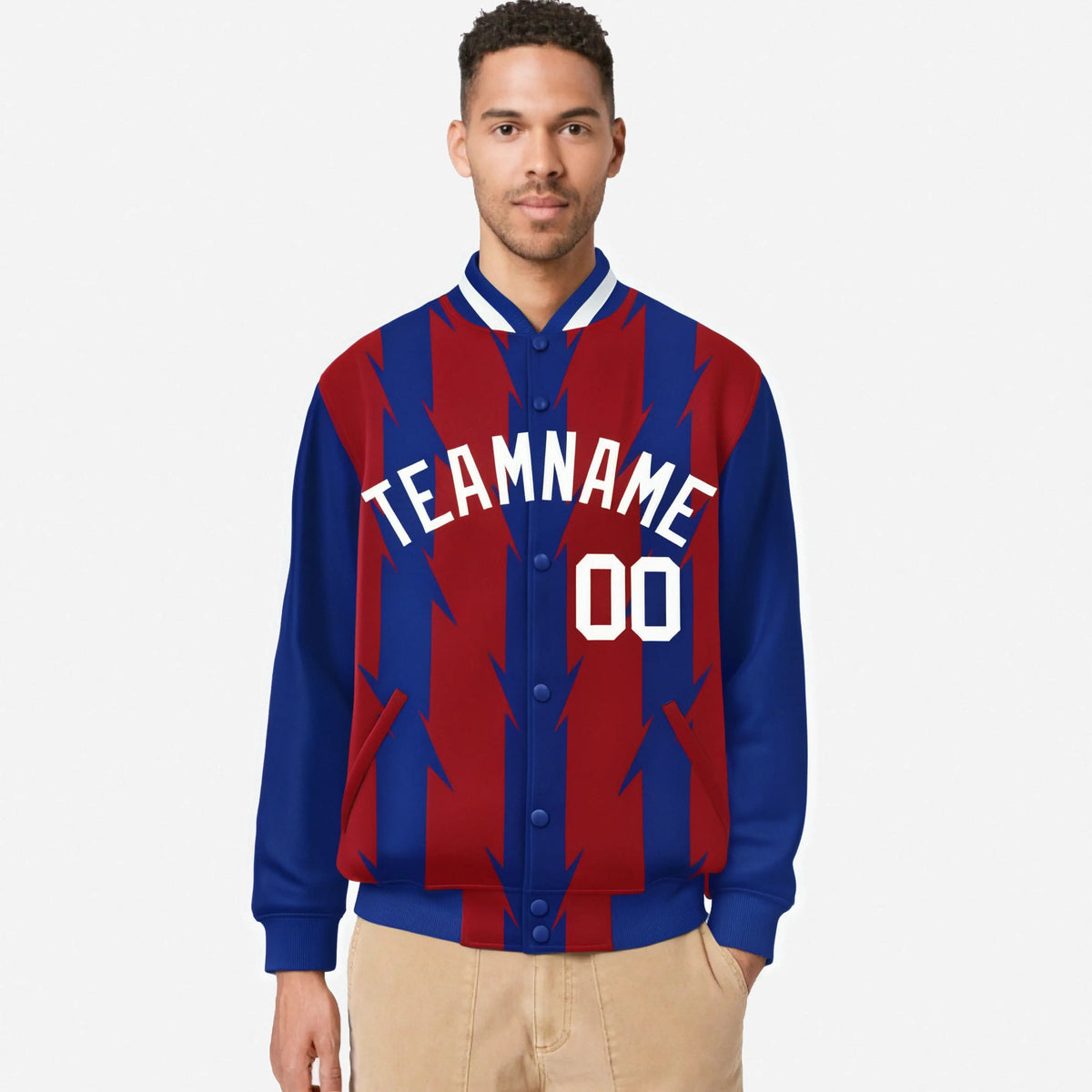 Custom Red Royal Blue-White Blade Graffiti Pattern Varsity Full-Snap Jacket