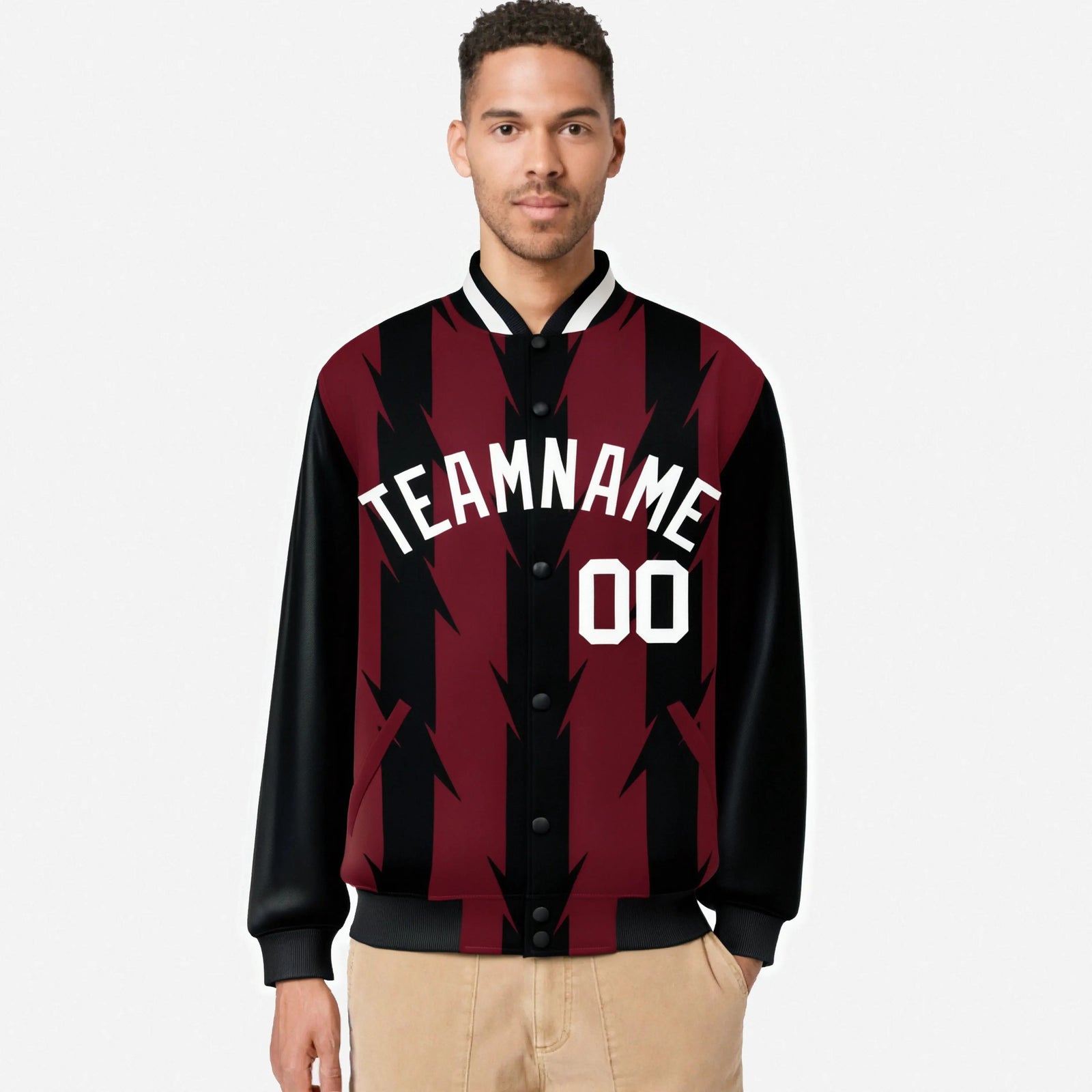 Custom Light Red Black-White Blade Graffiti Pattern Varsity Full-Snap Jacket