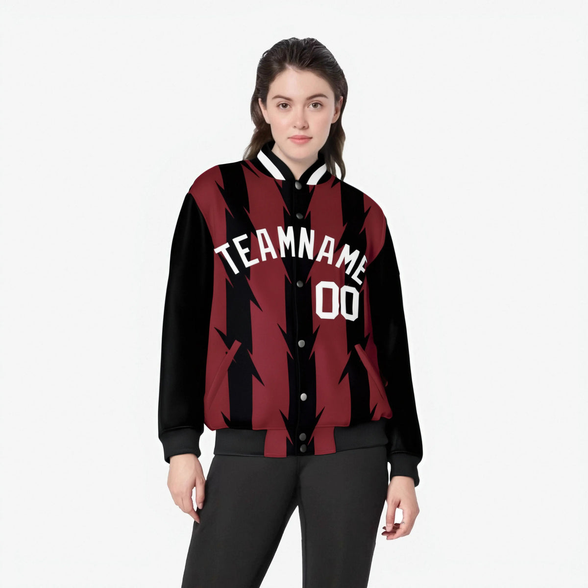 Custom Light Red Black-White Blade Graffiti Pattern Varsity Full-Snap Jacket