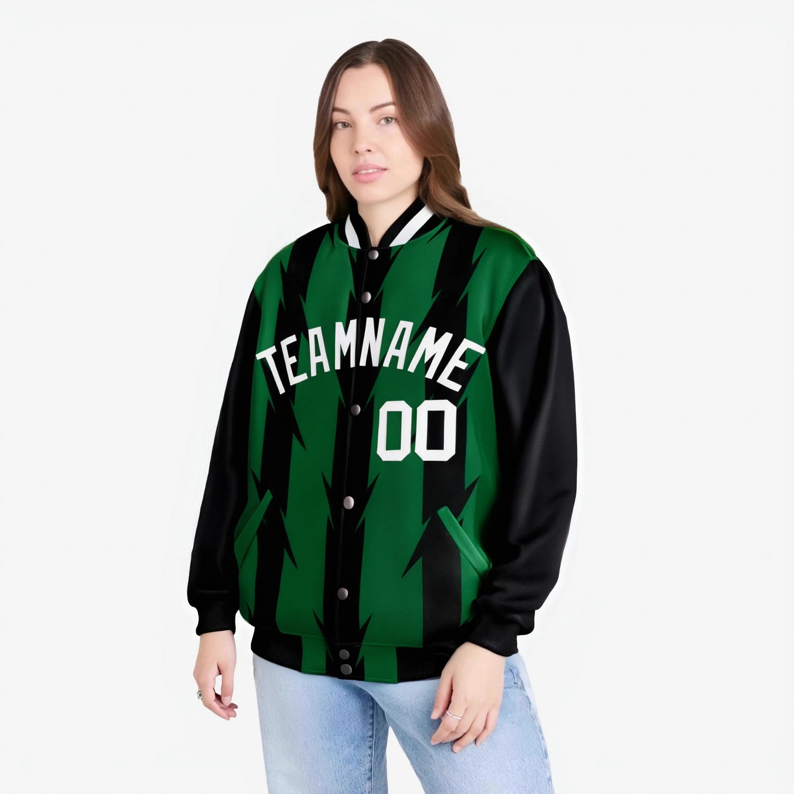 Custom Green Black-White Blade Graffiti Pattern Varsity Full-Snap Jacket