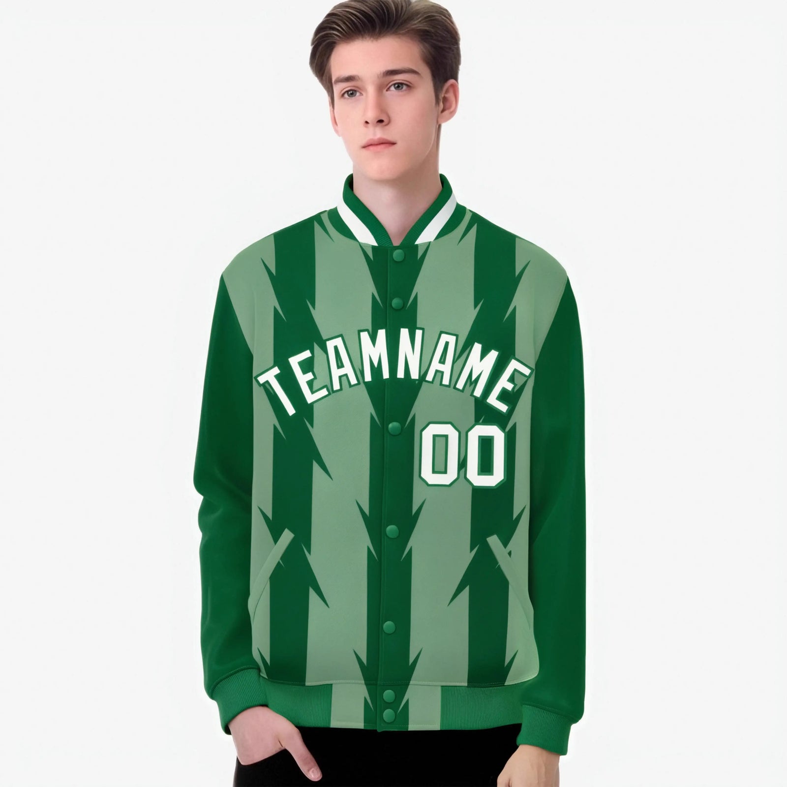 Custom Bright Green Kelly Green-White Blade Graffiti Pattern Varsity Full-Snap Jacket