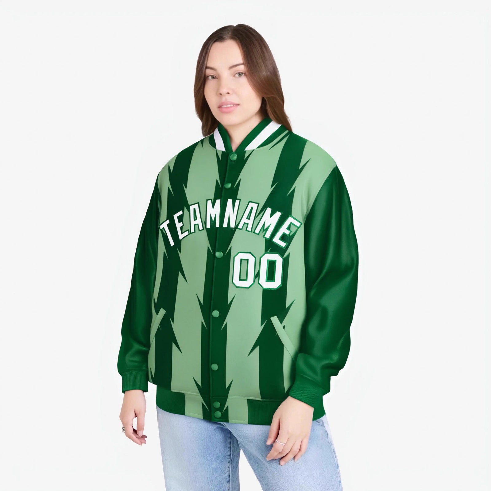 Custom Bright Green Kelly Green-White Blade Graffiti Pattern Varsity Full-Snap Jacket