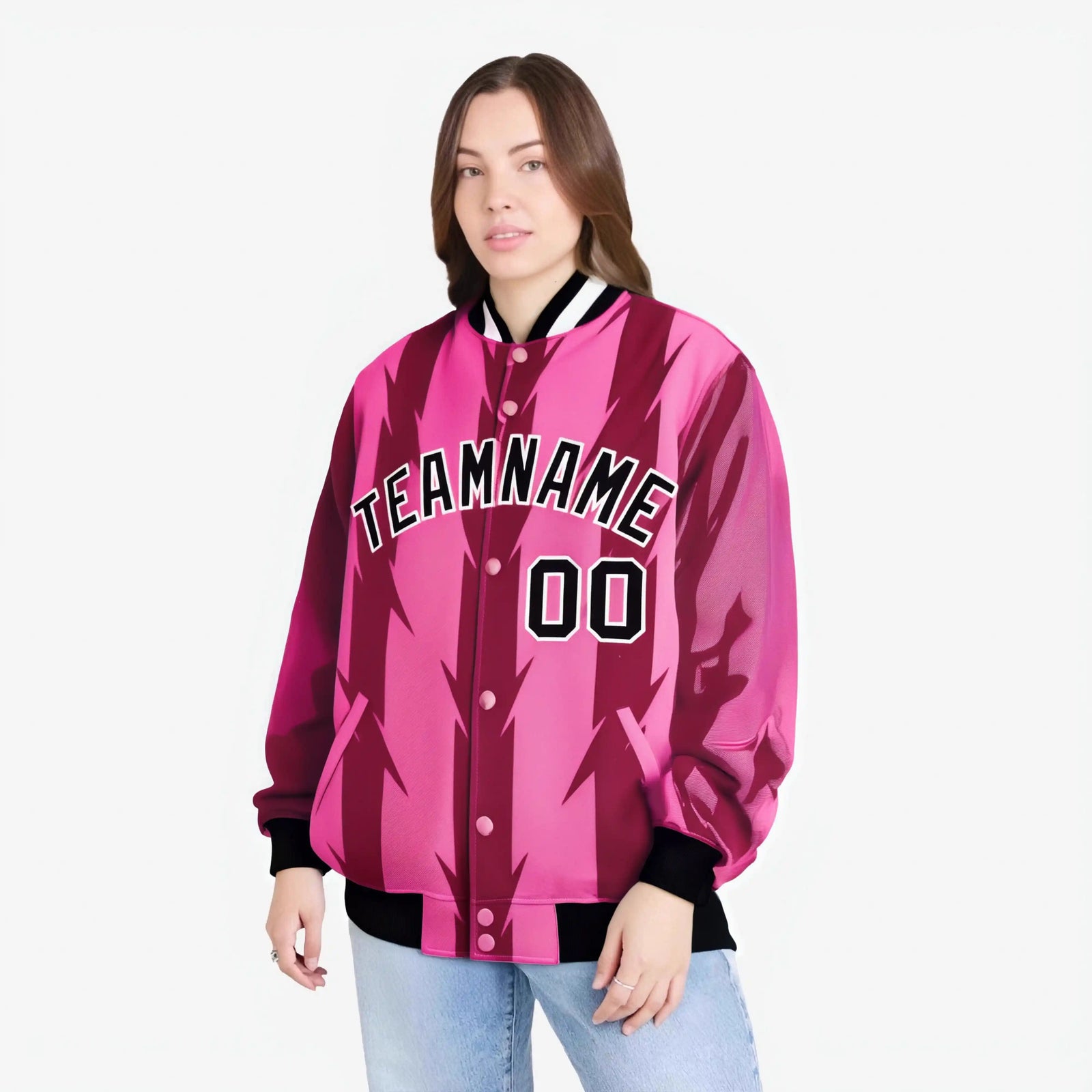 Custom Pink Light Red-White Blade Graffiti Pattern Varsity Full-Snap Jacket
