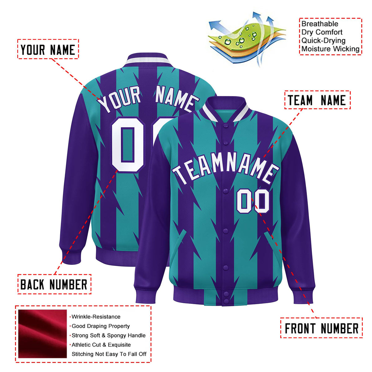 Custom Aqua Purple-White Blade Graffiti Pattern Varsity Full-Snap Jacket