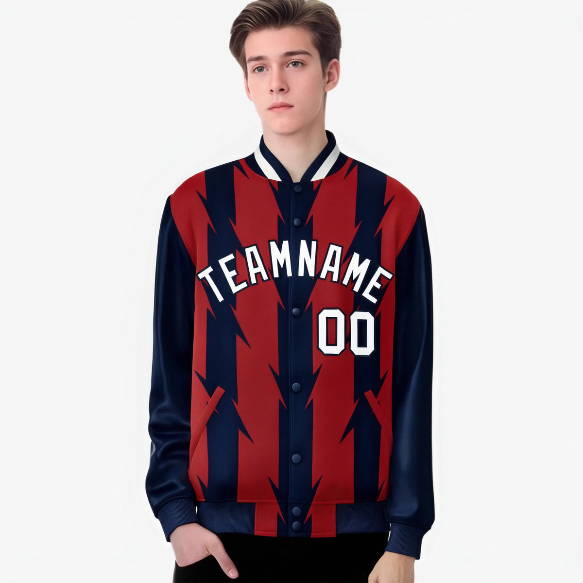 Custom Red Navy-White Blade Graffiti Pattern Varsity Full-Snap Jacket
