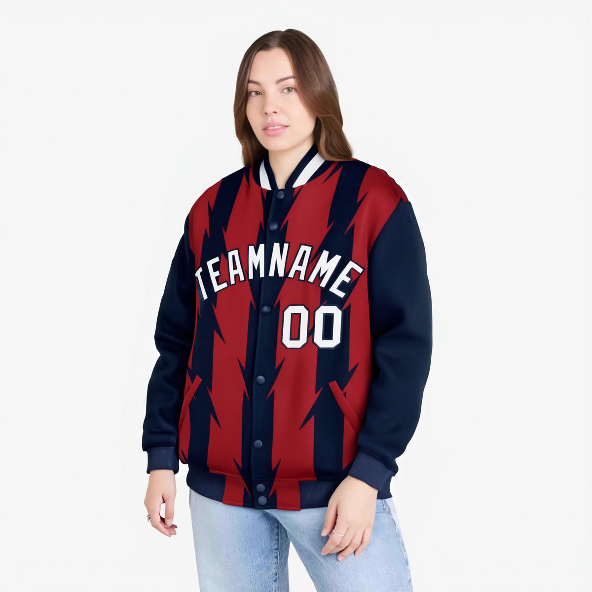 Custom Red Navy-White Blade Graffiti Pattern Varsity Full-Snap Jacket