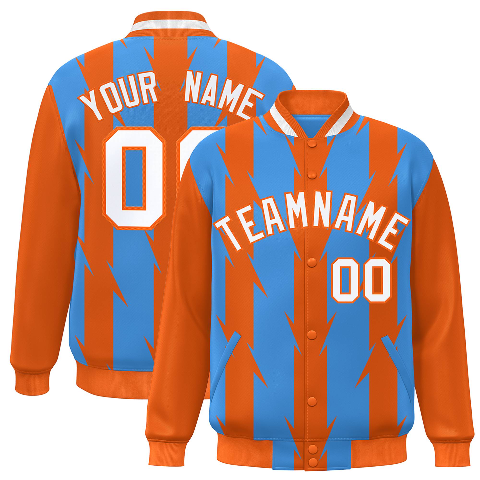 Custom Powder Blue Orange-White Blade Graffiti Pattern Varsity Full-Snap Jacket