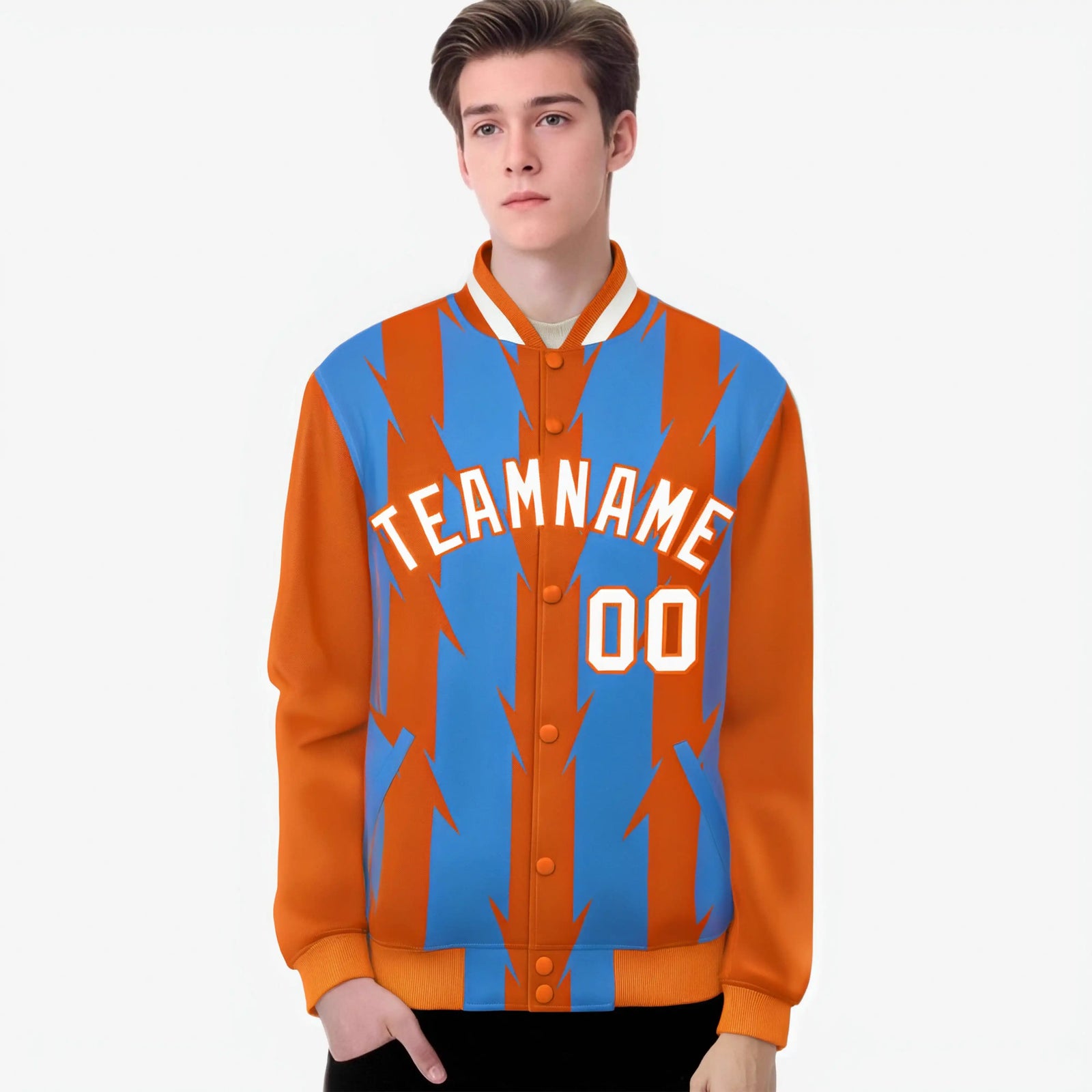 Custom Powder Blue Orange-White Blade Graffiti Pattern Varsity Full-Snap Jacket