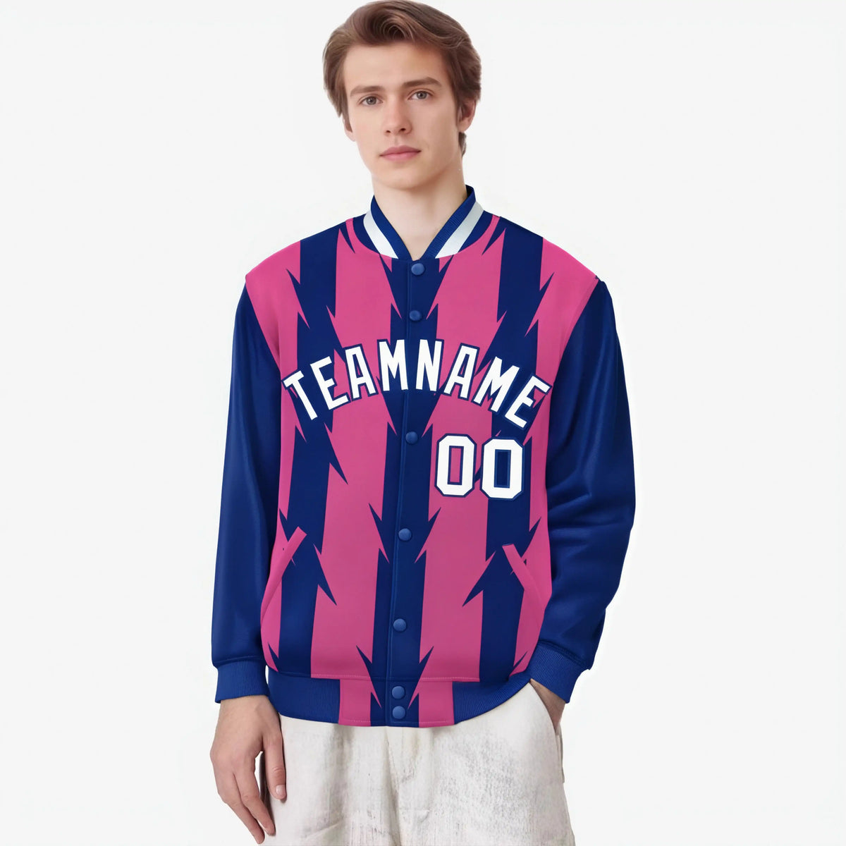Custom Pink Royal Blue-White Blade Graffiti Pattern Varsity Full-Snap Jacket