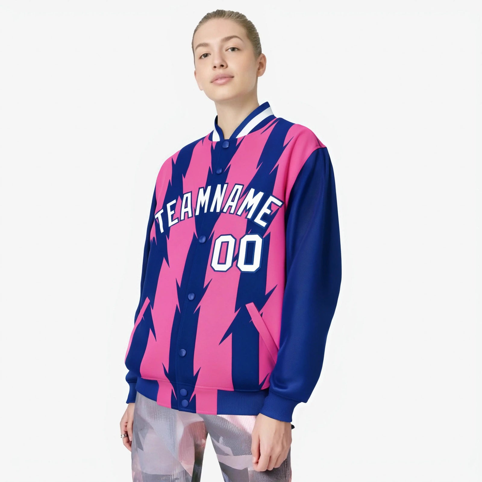 Custom Pink Royal Blue-White Blade Graffiti Pattern Varsity Full-Snap Jacket