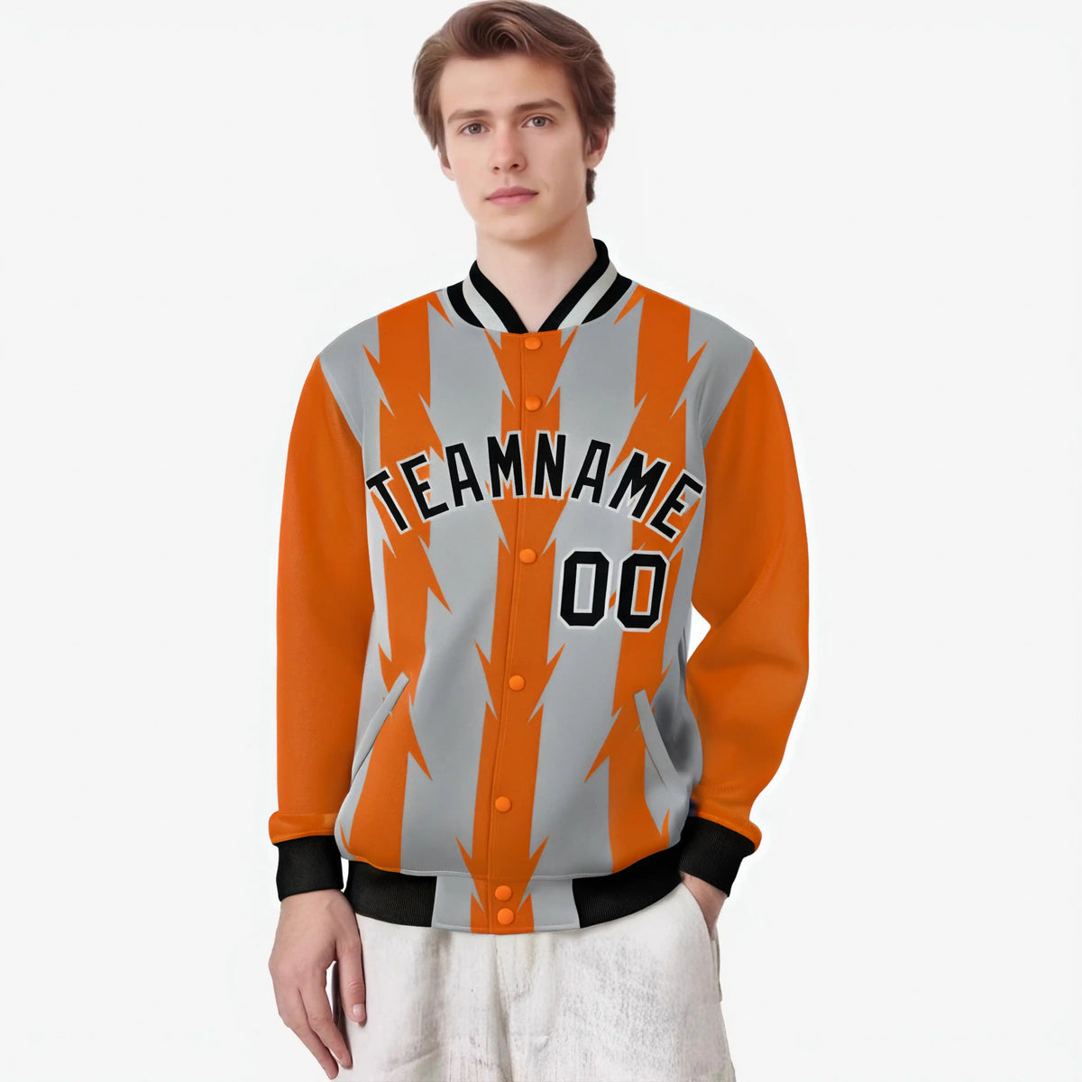 Custom Gray Orange Black Blade Graffiti Pattern Varsity Full-Snap Jacket