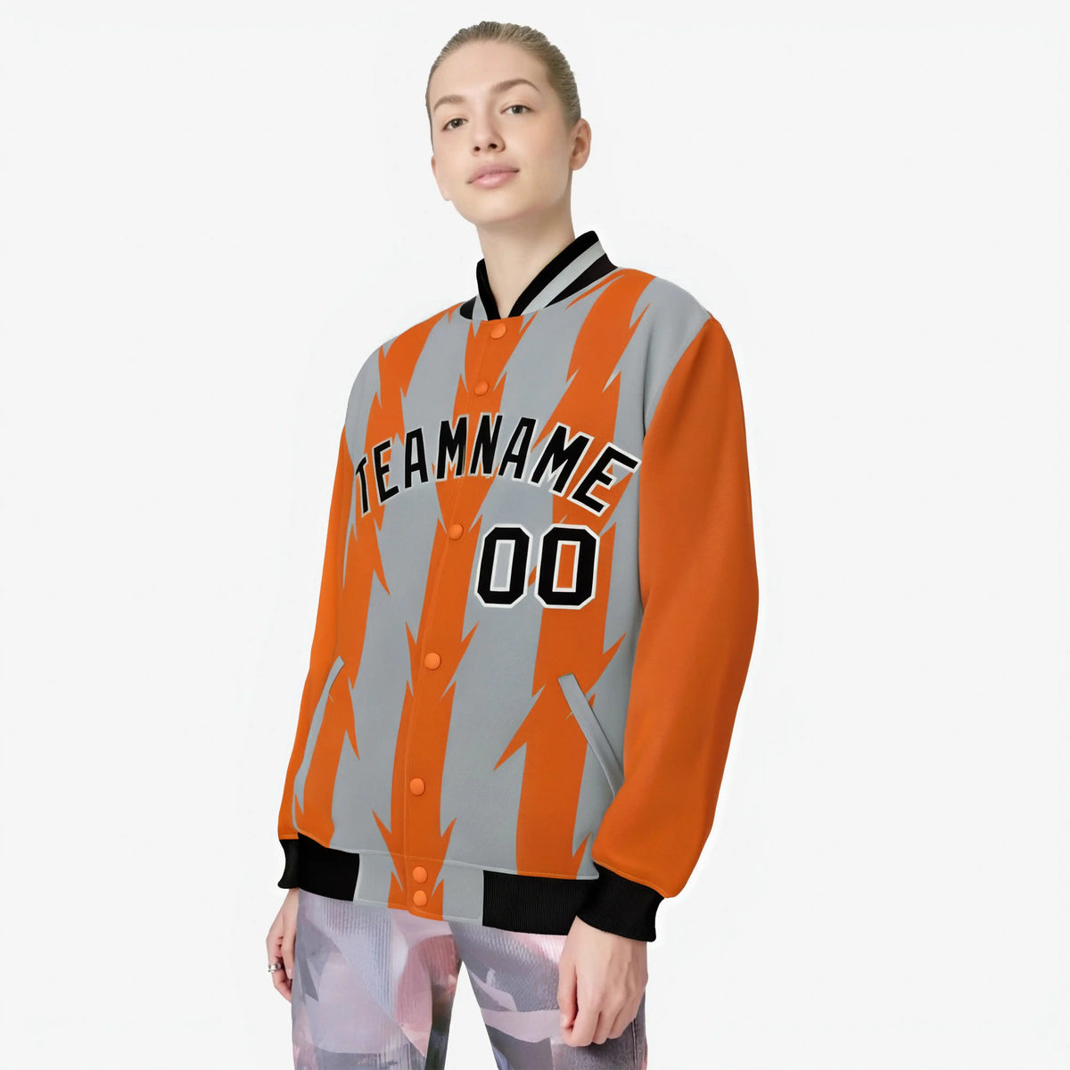 Custom Gray Orange Black Blade Graffiti Pattern Varsity Full-Snap Jacket