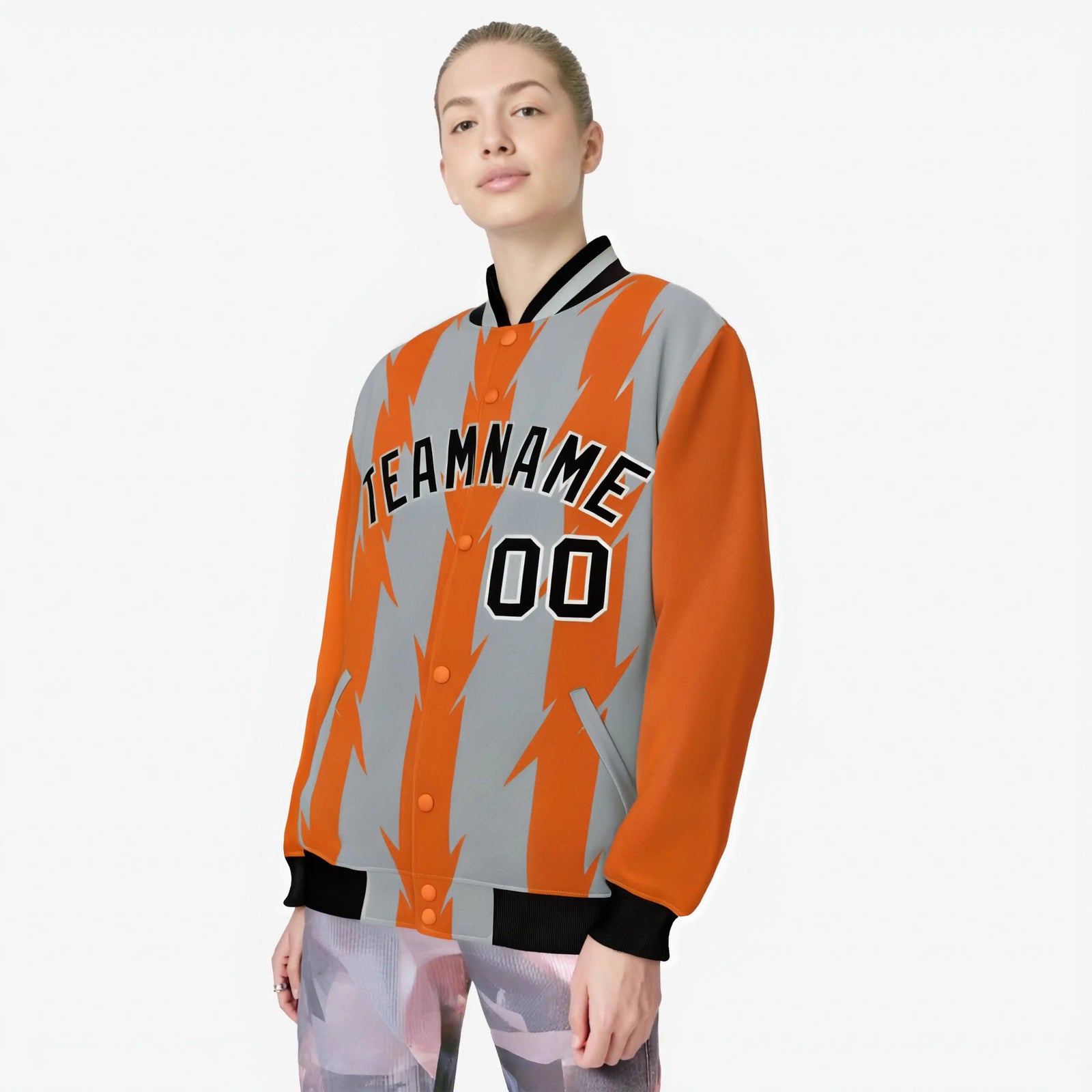 Custom Gray Orange Black Blade Graffiti Pattern Varsity Full-Snap Jacket