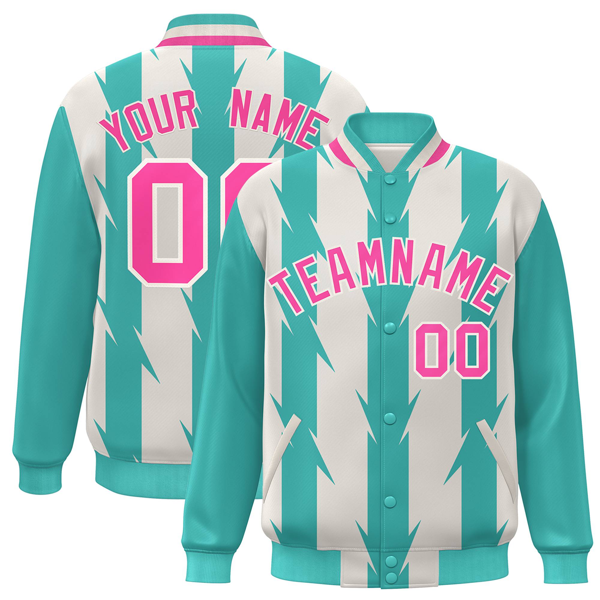 Custom Cream Aqua Pink Blade Graffiti Pattern Varsity Full-Snap Jacket