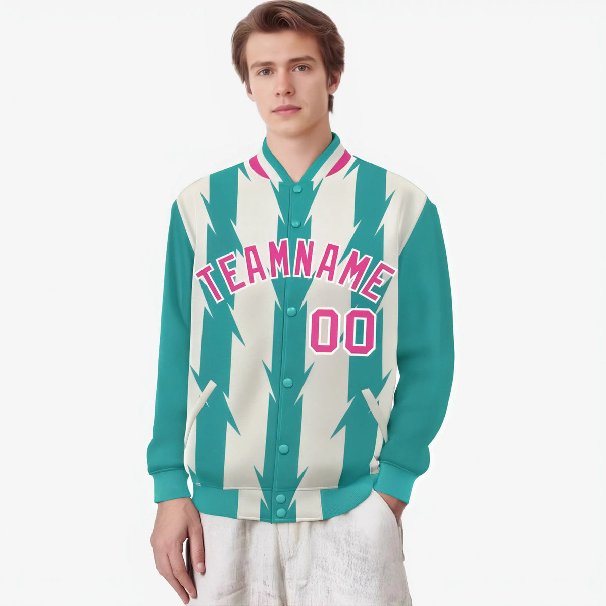 Custom Cream Aqua Pink Blade Graffiti Pattern Varsity Full-Snap Jacket