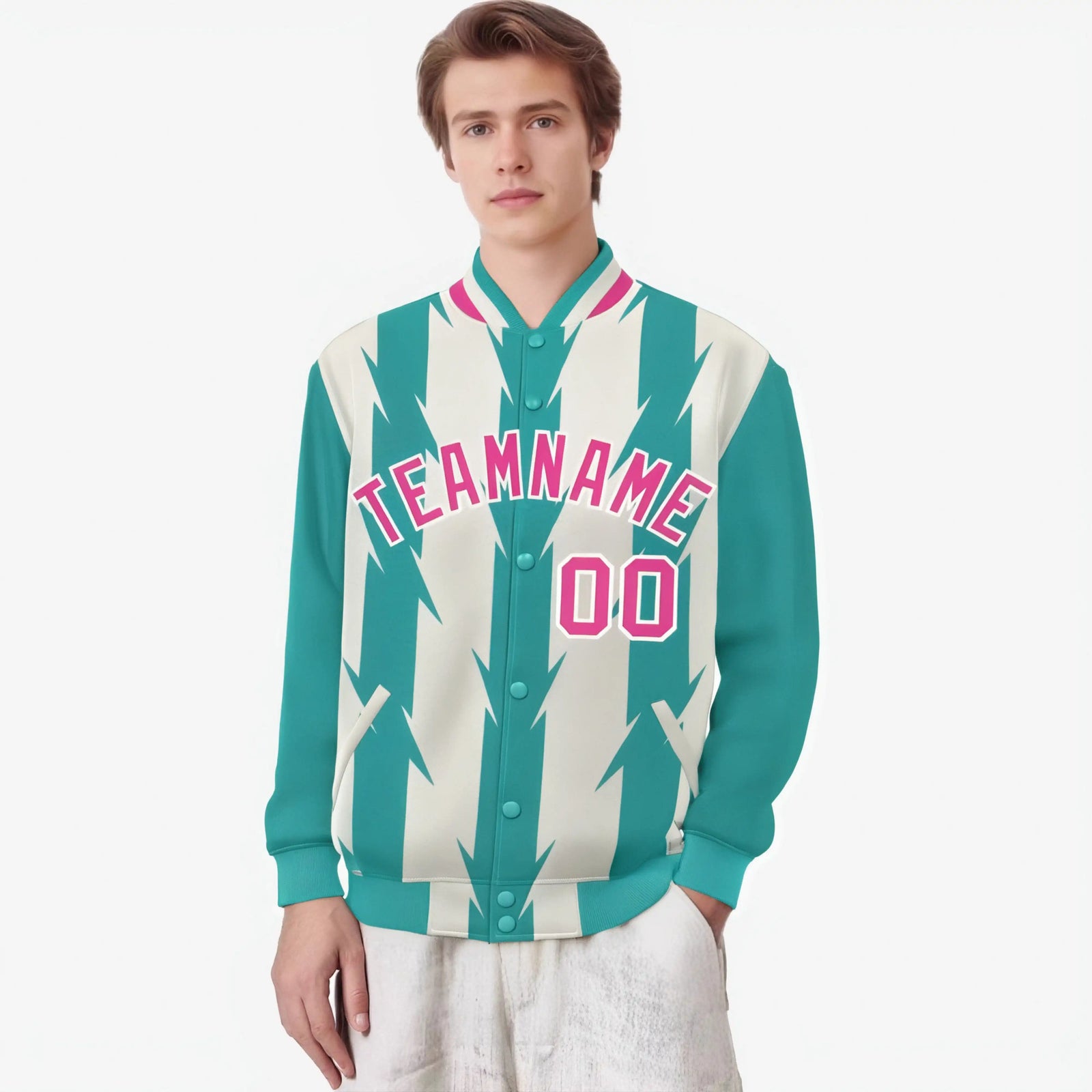 Custom Cream Aqua Pink Blade Graffiti Pattern Varsity Full-Snap Jacket