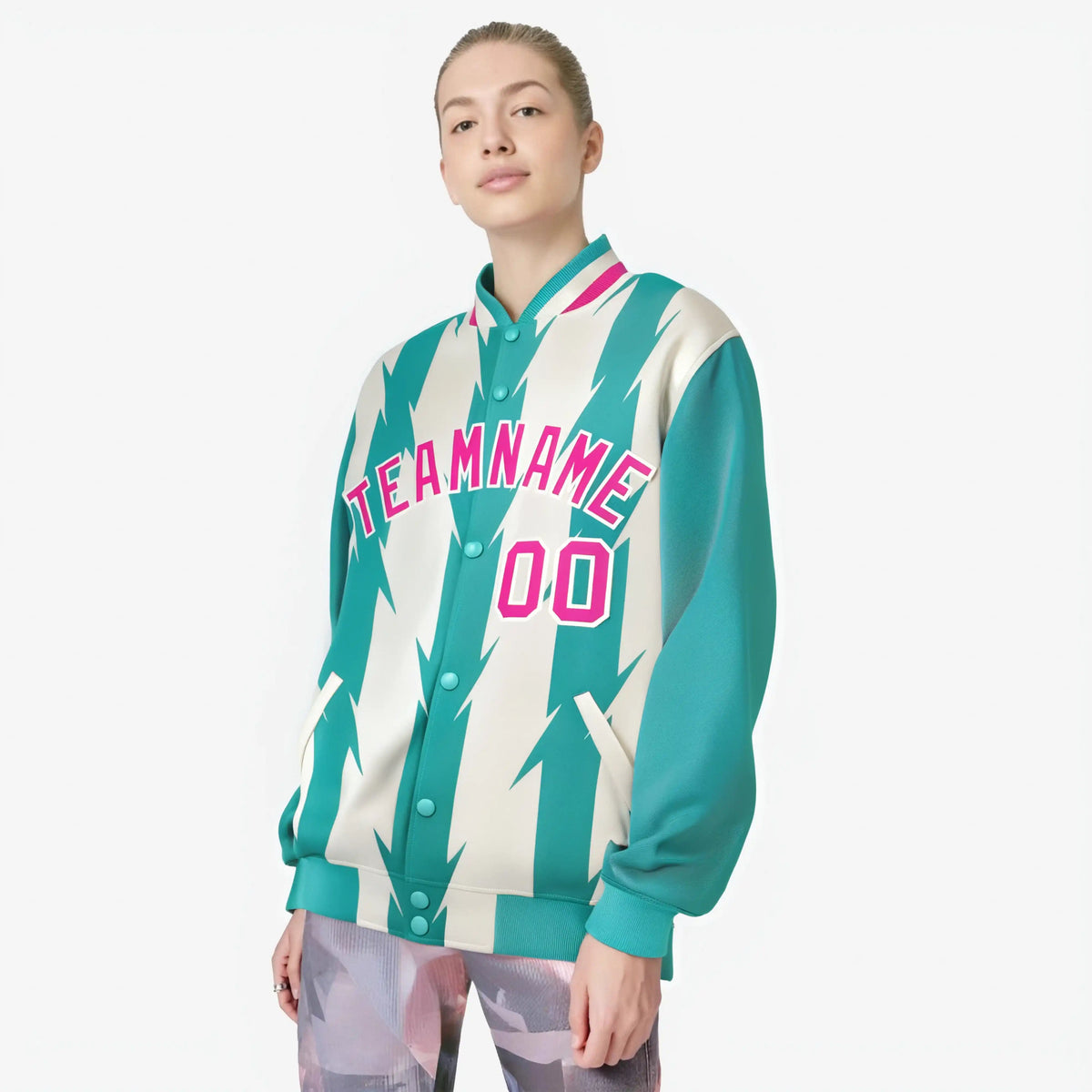 Custom Cream Aqua Pink Blade Graffiti Pattern Varsity Full-Snap Jacket