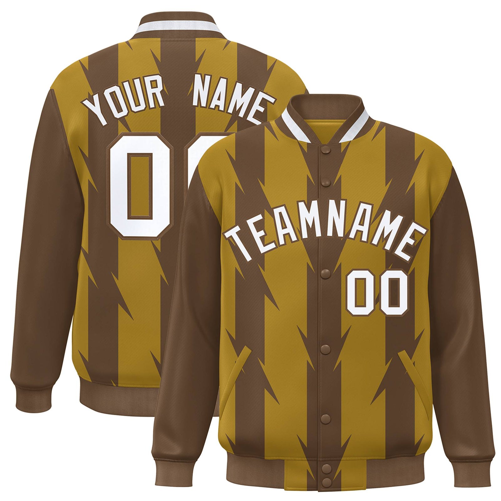 Custom Old Gold Brown-White Blade Graffiti Pattern Varsity Full-Snap Jacket