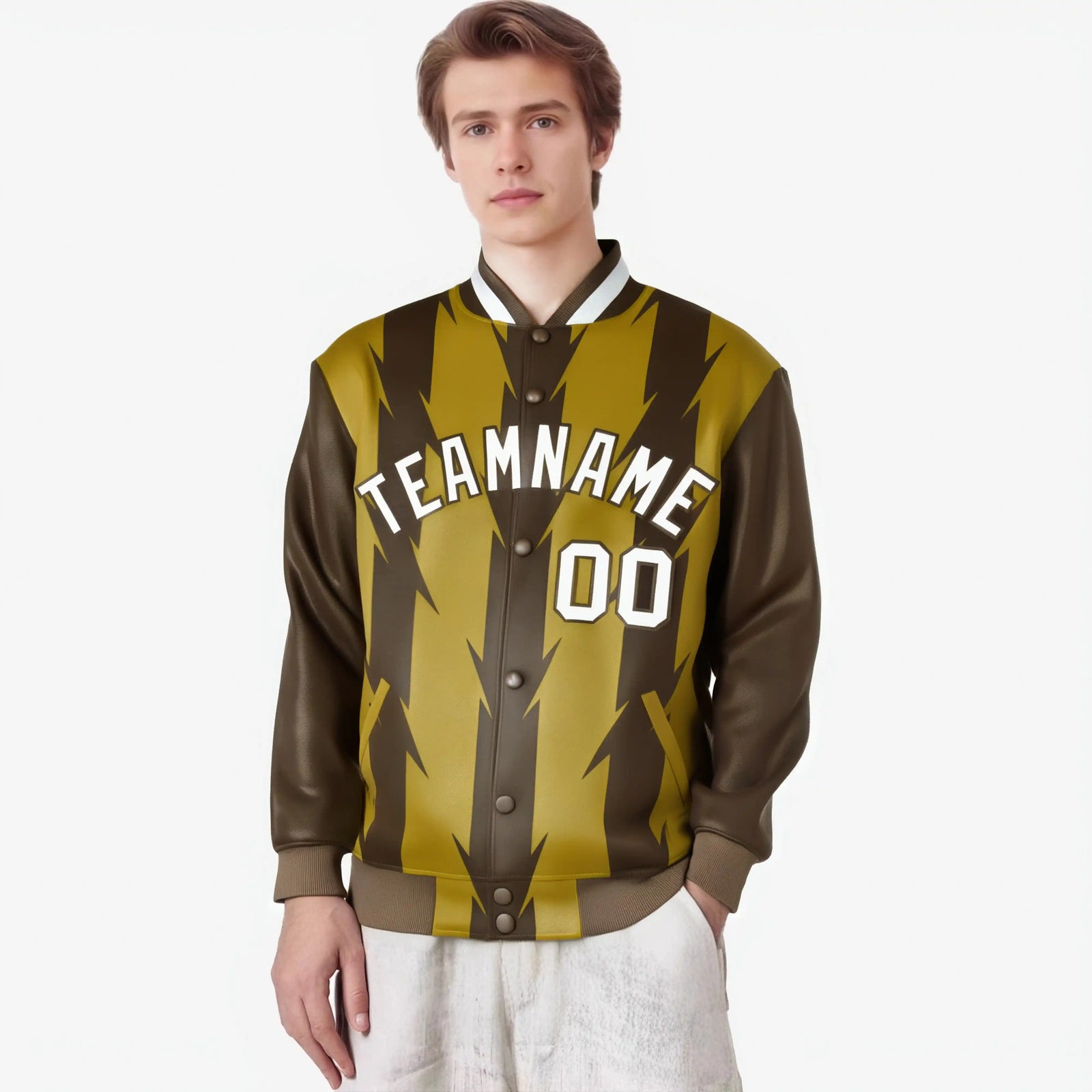 Custom Old Gold Brown-White Blade Graffiti Pattern Varsity Full-Snap Jacket