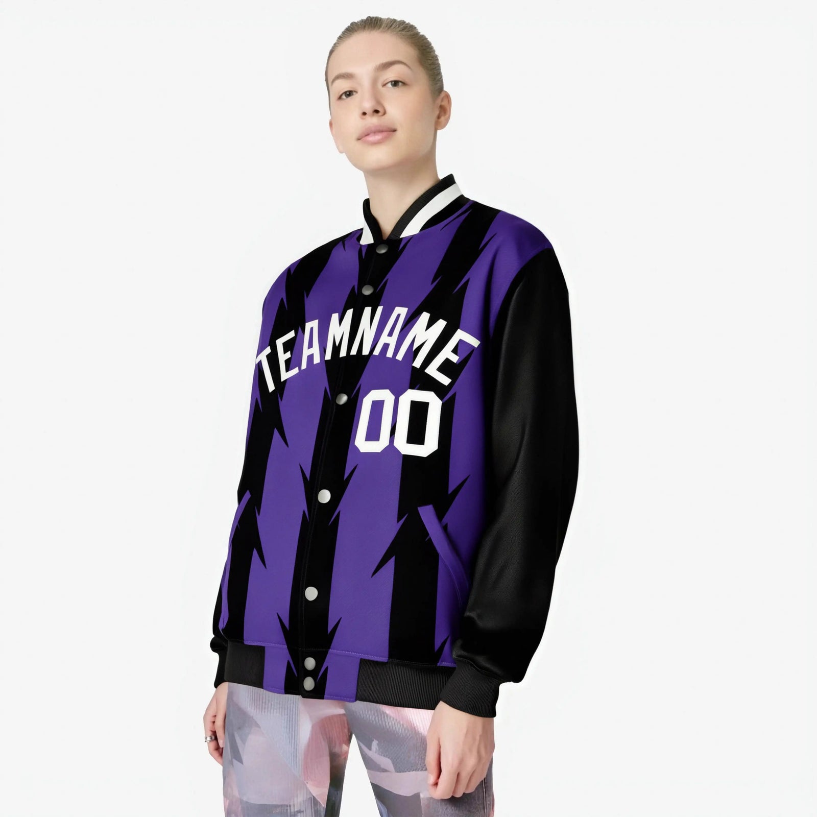 Custom Purple Black-White Blade Graffiti Pattern Varsity Full-Snap Jacket