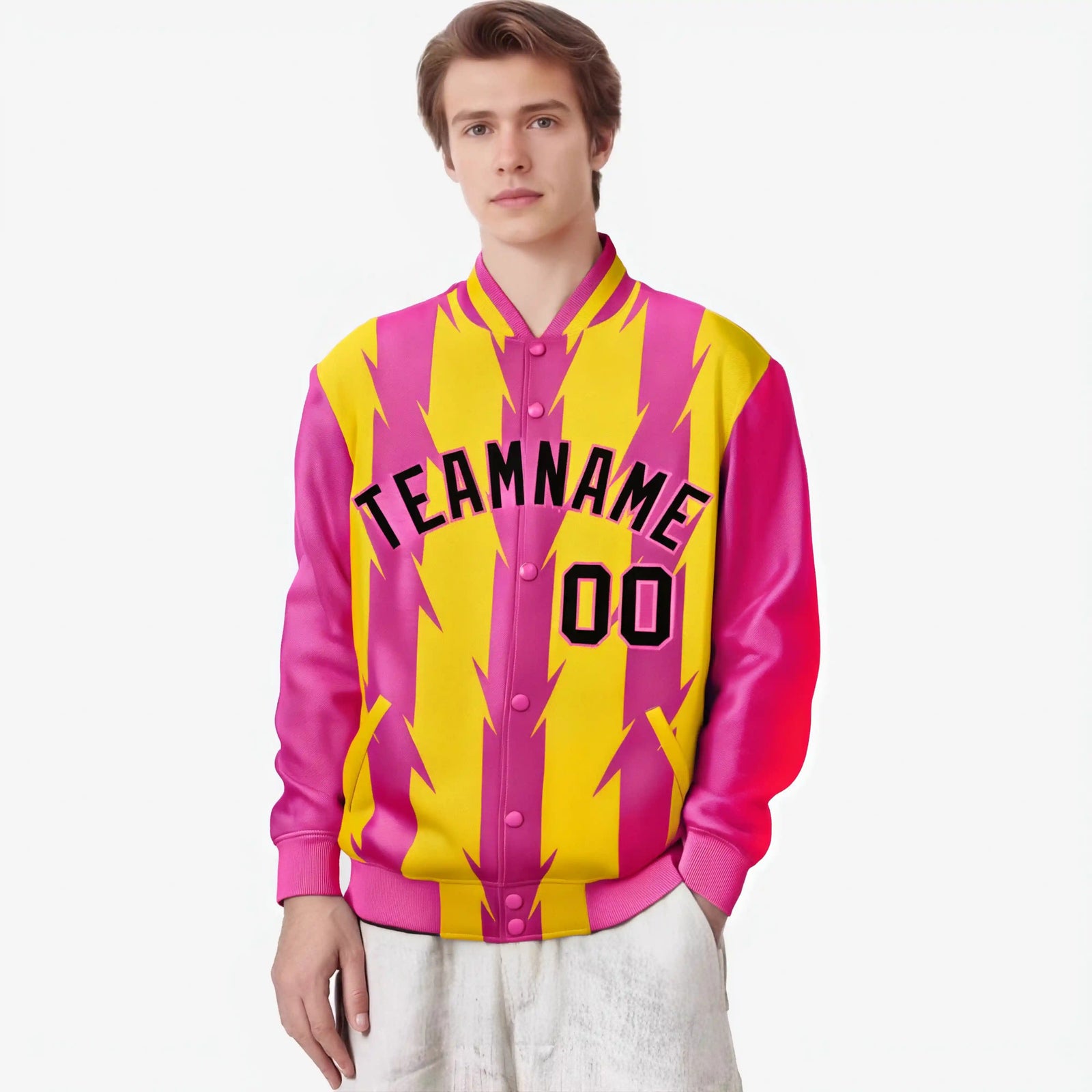 Custom Gold Pink-Black Blade Graffiti Pattern Varsity Full-Snap Jacket