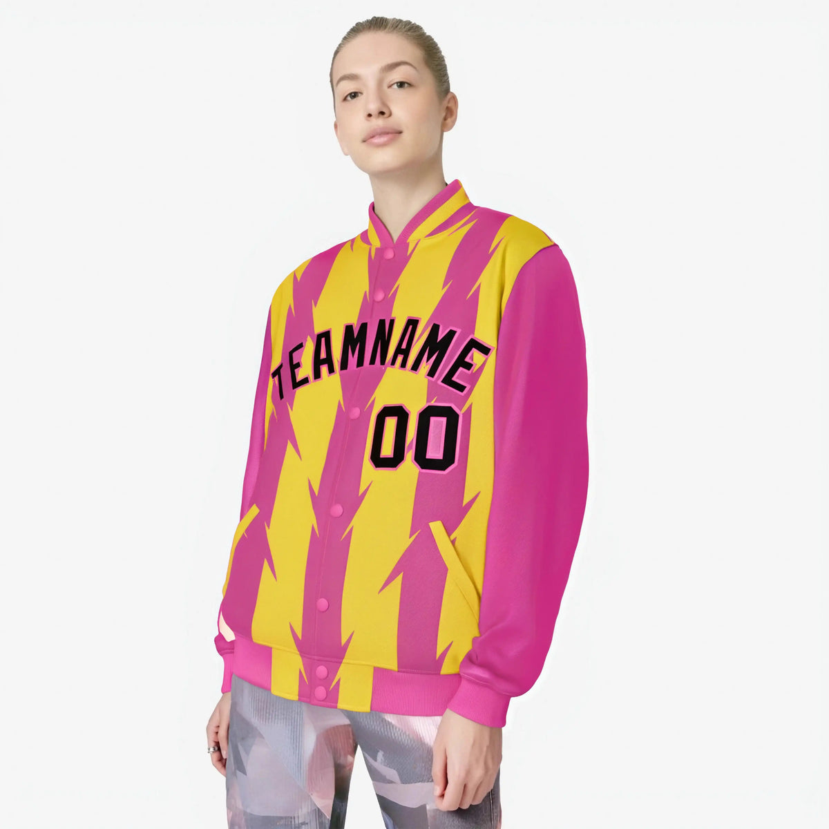 Custom Gold Pink-Black Blade Graffiti Pattern Varsity Full-Snap Jacket