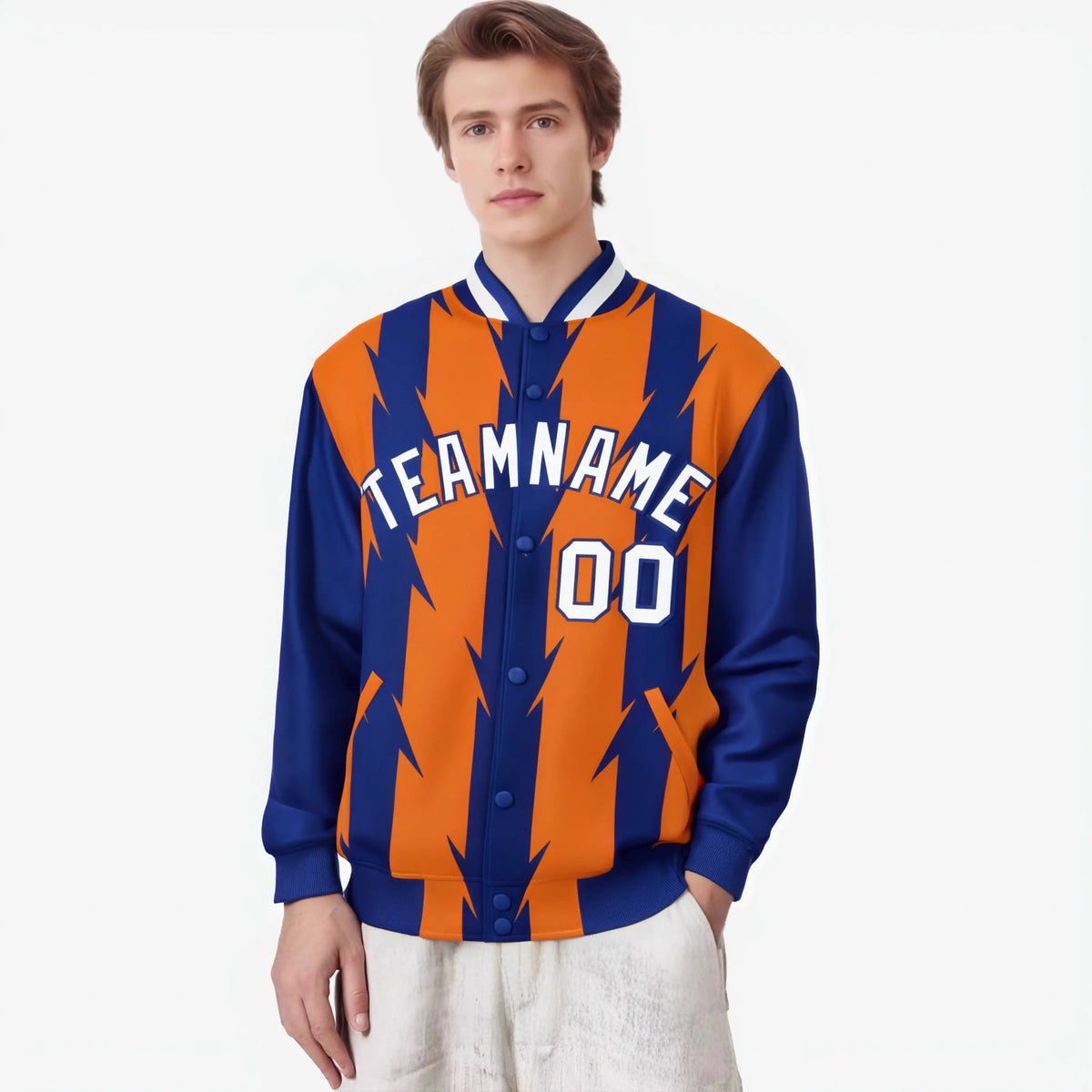Custom Orange Royal Blue-White Blade Graffiti Pattern Varsity Full-Snap Jacket