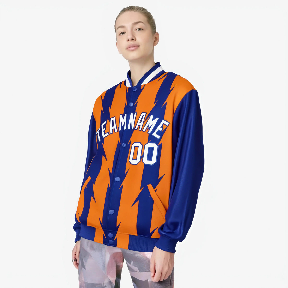 Custom Orange Royal Blue-White Blade Graffiti Pattern Varsity Full-Snap Jacket