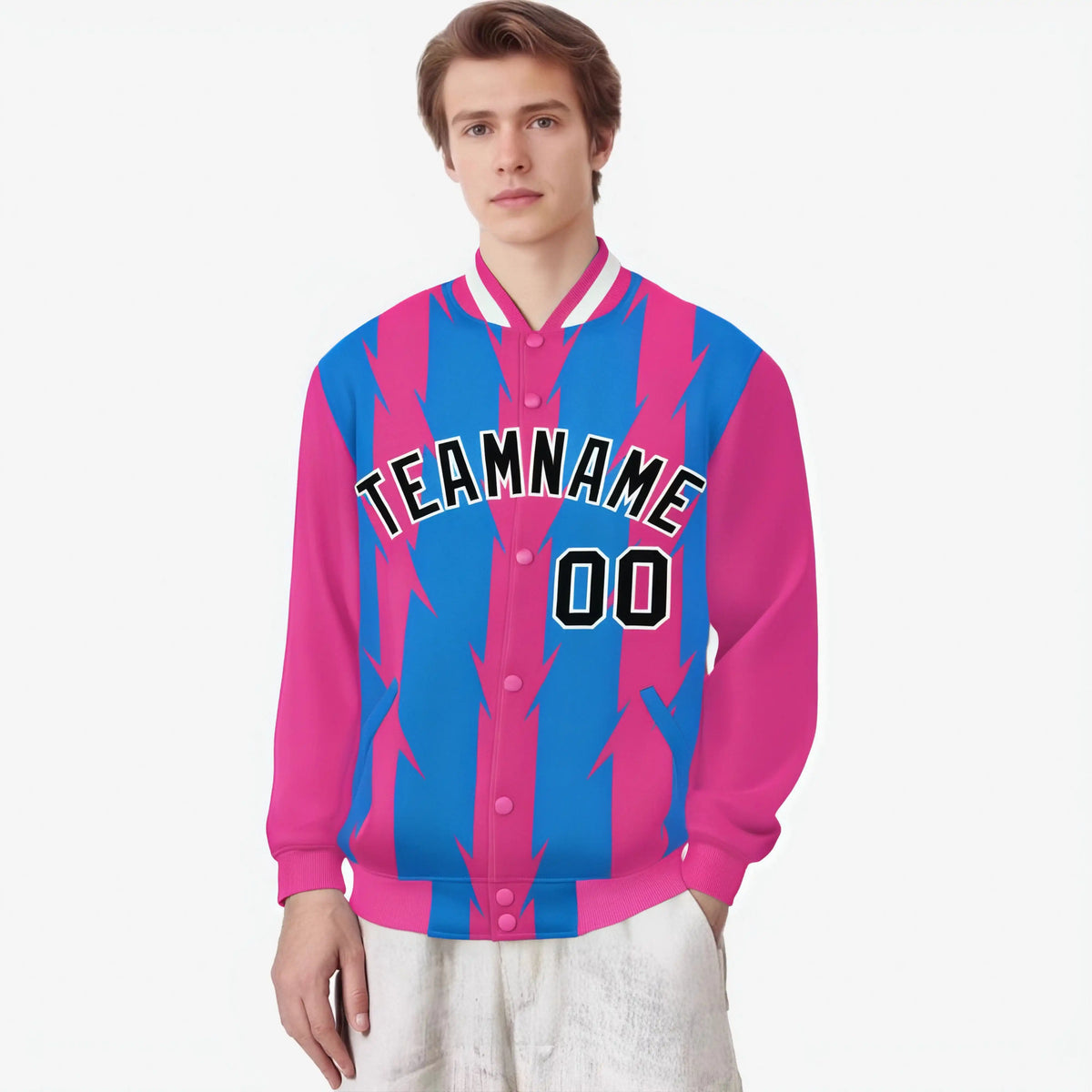 Custom Powder Blue Pink-Black Blade Graffiti Pattern Varsity Full-Snap Jacket