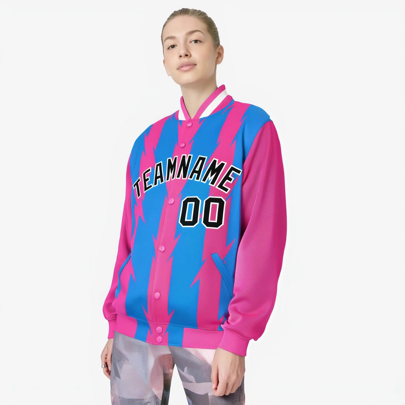 Custom Powder Blue Pink-Black Blade Graffiti Pattern Varsity Full-Snap Jacket